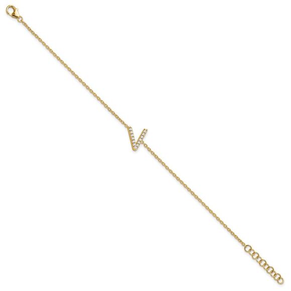 14k Yellow Gold Diamond Sideways Letter V w/ 1in ext. Bracelet